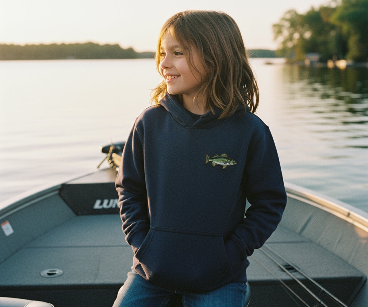 Young kid in a navy hoodie with a fish design, standing on a boat by a lake.